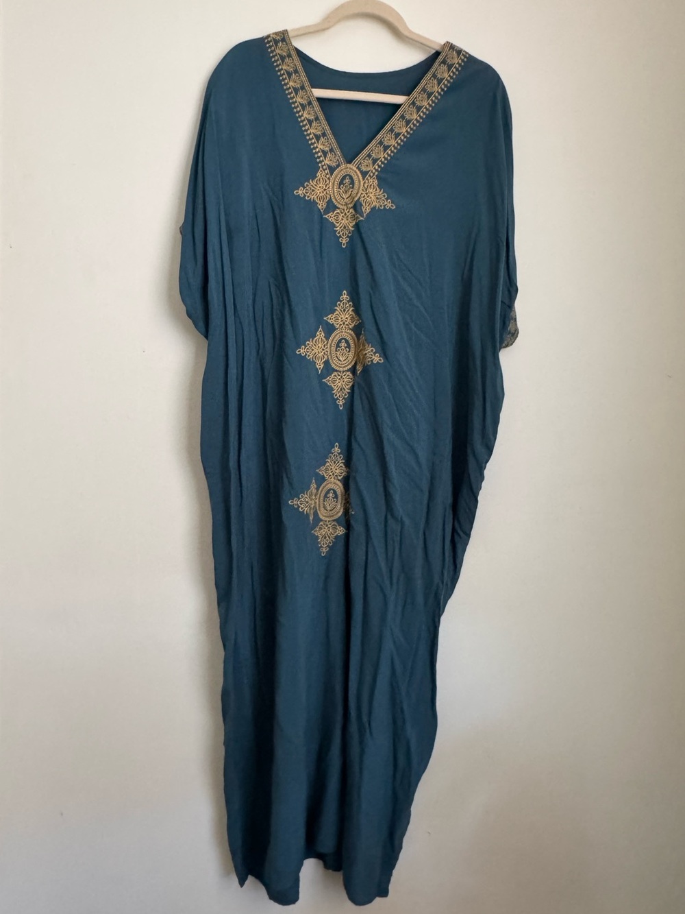 Teal Embroidered V-Neck Caftan Dress - Elegant Gold Accent - One Size